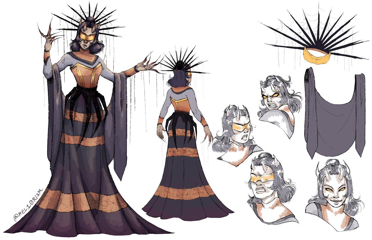 Reference sheet | rendered full body, simple full body, 4 simple busts, 2 props